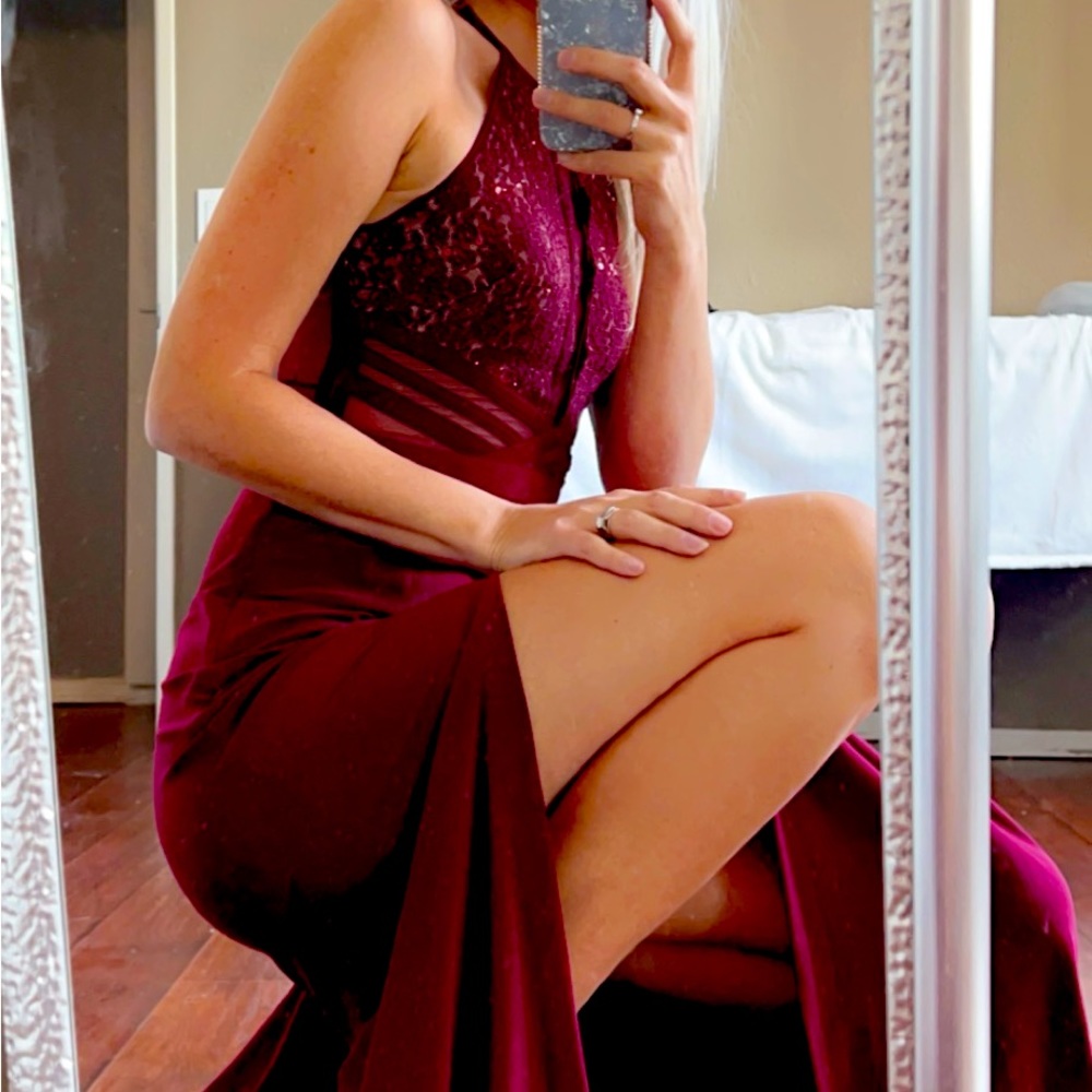 Morgan & Co burgundy high slit dress